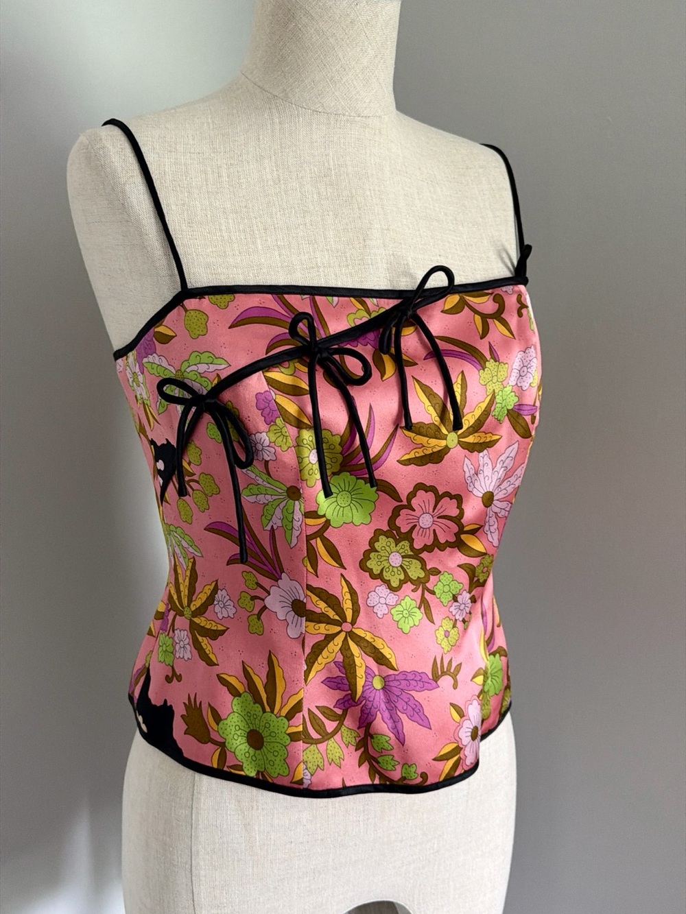 2000s JS Collections Pink Floral Silk Satin Corset Top Boned Spaghetti Strap 8 M